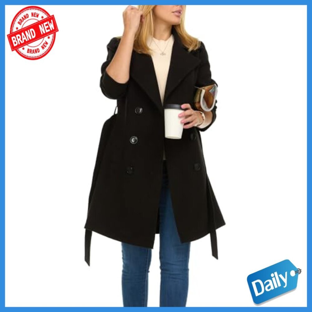 Double-Breasted Faux Wool Trench Coat, Winter Coat for Women - Picture 3 of 7